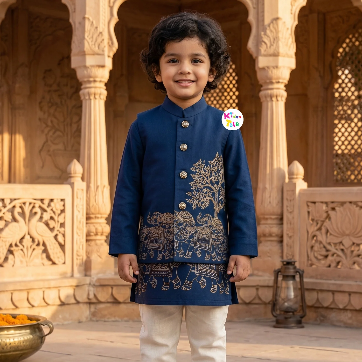 Muslin Full Sleeve Jacket With Cute Foil Print - Navy Blue